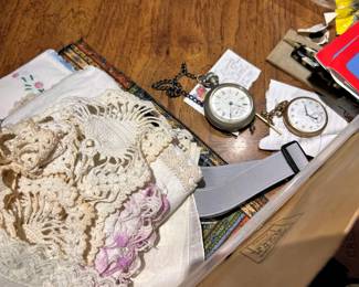 Antique watches, doilies etc.