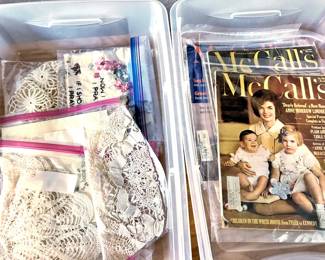 Vintage doilies and magazines