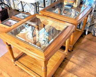 Glass top side tables, pair