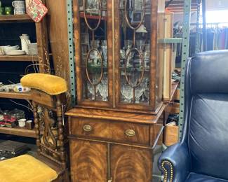 Crotch veneer with velvet back display cabinet with drawer and glass shelves