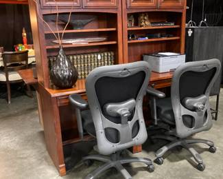 Partner's Desk (the long piece is on the back side) with three hutches, Office chairs