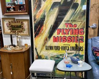 Large framed poster "The Flying Missile", Small cabinet, Vanity Bench, contemporary side table
