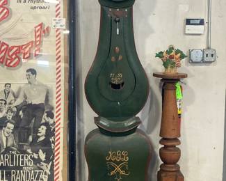 Antique grandfather clock, wooden pedestal