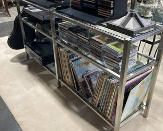 Chrome and glass console with electronics, CD's, DVD's and Vinyl records
