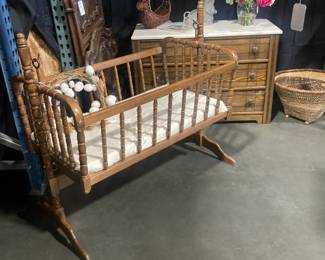 Wood  swinging baby bed, 3 drawer dresser with marble top, Twin head & foot board carved wooden bed