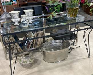 Glass top console table with iron base