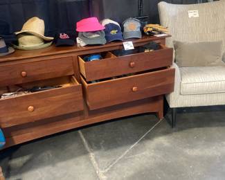 Ethan Allen 6 drawer dresser, occasional chair, ball caps, Wing chair 