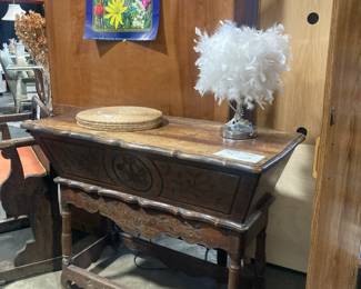 Vintage Bread Box, table lamp with white feather shade