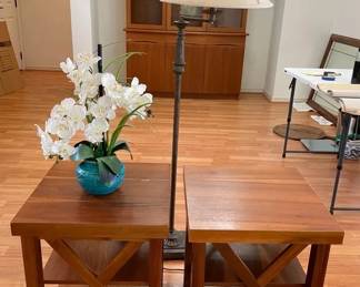 PHS010 - Wooden End Tables, Swing-Arm Lamp, & Orchid Display 