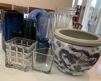 PHS061 - Vintage Indigo & Clear Vases, Chinese Planter, Votive Holder 