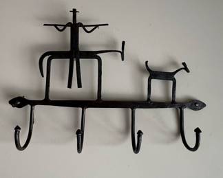 Wrought Iron Coat Rack with Rider and Dog Figural Scene