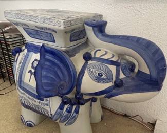 Vintage Chinoiserie Blue and White Ceramic Elephant Garden Stool or Plant Stand second image