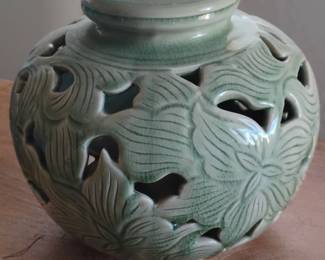 Korean Celadon Openwork Vase with Crane and Cloud Design