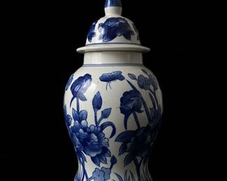 Vintage Blue and White Chinoiserie Porcelain Ginger Jar with Floral and Insect Motifs