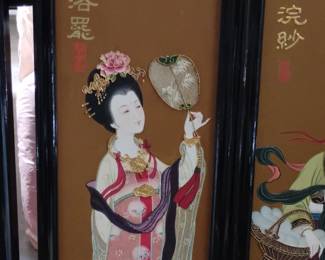 Vintage Chinese Four Panel Screen Painting of Court Ladies