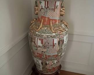 Monumental Chinese Export Famille Rose Porcelain Vase with Dragon Handles