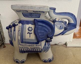Vintage Chinoiserie Blue and White Ceramic Elephant Garden Stool or Plant Stand