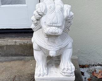 White Marble Foo Dog Statues Pair