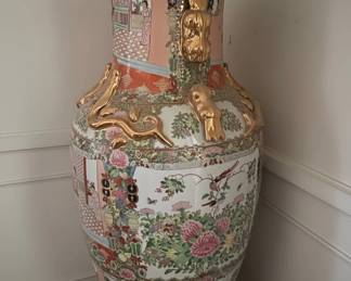 Monumental Chinese Export Famille Rose Porcelain Vase with Dragon Handles second image