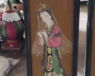 Vintage Chinese Four Panel Screen Painting of Court Ladies