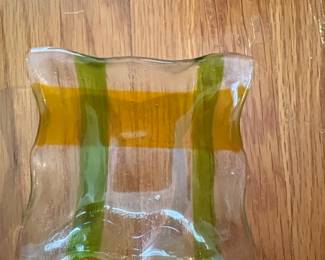 Fused Glass Dish with Amber and Green Stripes and Wavy Edges