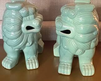 Celadon Glazed Foo Dog Statues Pair MidCentury Style