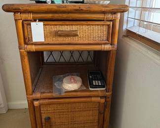 Vintage Rattan Nightstand with Drawer and Cabinet