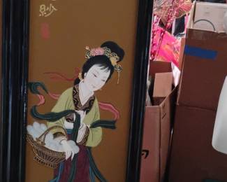 Vintage Chinese Four Panel Screen Painting of Court Ladies