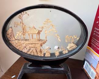 Vintage Chinese Cork Carving Diorama with Pavilion and Cranes