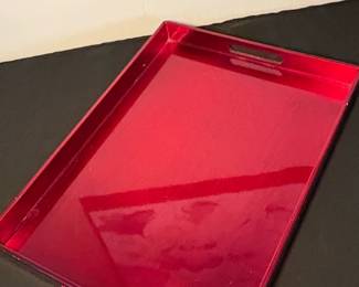 Red Lacquer Rectangular Serving Tray with Cutout Handles second image