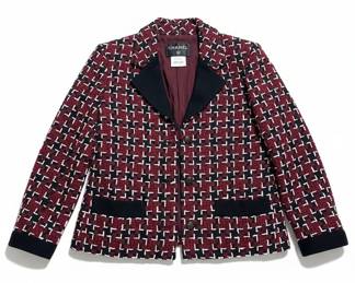 Chanel 2015 15A Burgundy Houndstooth Tweed Blazer