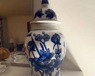 Vintage Blue and White Chinoiserie Porcelain Ginger Jar with Floral and Insect Motifs second image