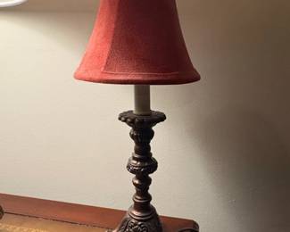 Vintage Bronze Candlestick Table Lamp with Red Fabric Shade