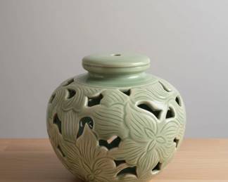 Celadon Glazed Ceramic Lantern with Openwork Peony Motif