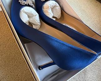 Manolo Blahnik Hangisi Blue Satin Jewel Buckle Pumps