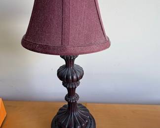 Vintage Dark Wood Fluted Candlestick Table Lamp with Burgundy Shade