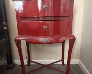 Red Chinoiserie Style Two-Drawer Side Table