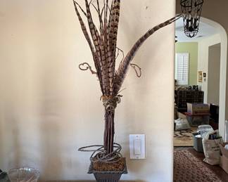 Pheasant Feather Floral Arrangement in Urn Planter