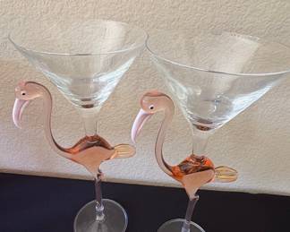 Pair of Hand-Blown Pink Flamingo Martini Glasses