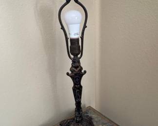 Antique Cast Iron Table Lamp Base with Decorative Accents and Red/Green Inset