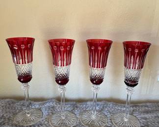 Set of 4 Ruby Red Cut Crystal Flutes by Noble Excellence Made in Hungary