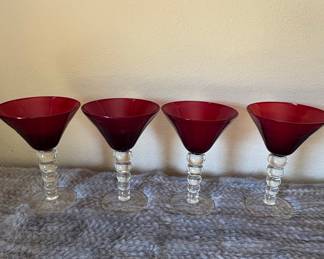 Vintage Red Martini Glasses with Bubble Stem