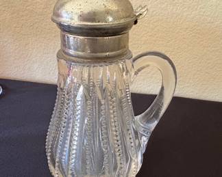 Antique Pressed Glass Syrup Pitcher with Pewter Lid - Diamond and Ribbed Pattern