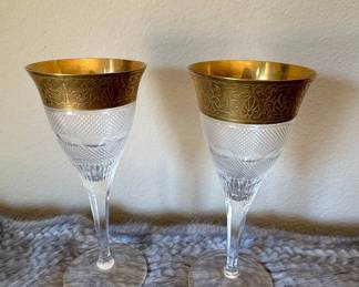 Pair of Moser "Splendid" Crystal Wine Glasses with Gilt Band