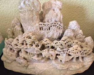 Carved Soapstone Mountain Village Sculpture
