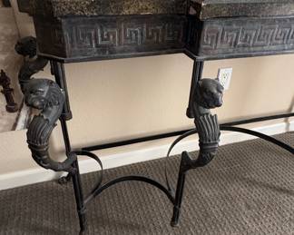 Maitland Smith Style Console Table with Marble Top and Cast Iron Base