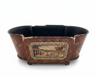 Antique Hand-Painted Toleware Planter with Rural Scene