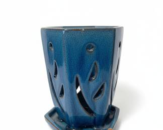 Blue Ceramic Orchid Planter with Hexagonal Saucer
