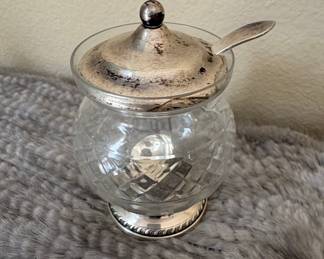 Cut Crystal and Silver-Plated Jam Jar with Spoon