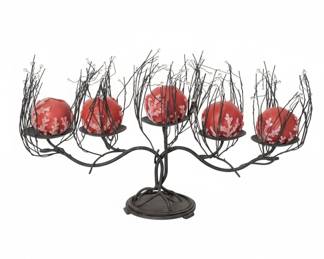 Black Metal Tree Candelabra with Red Frosted Candle Holders